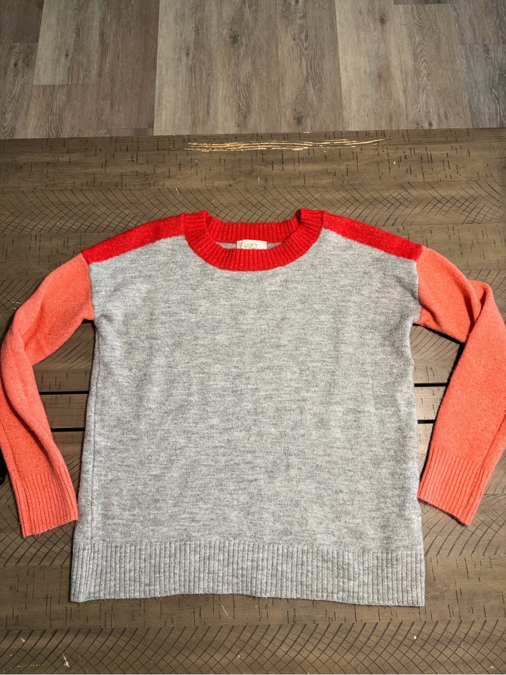 LOFT Grey Crewneck Sweater with Red and Coral Sleeves